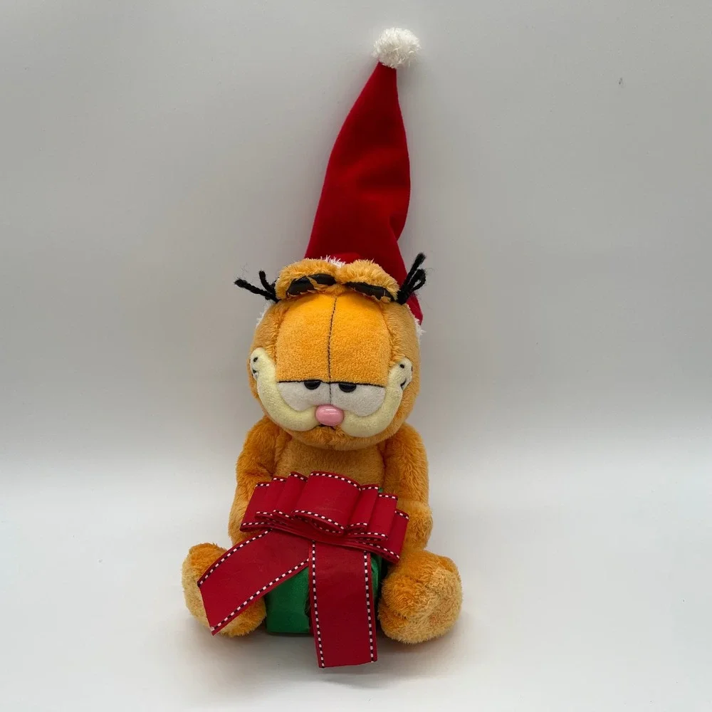 Ty Beanie Babies Garfield Christmas Plush Santa Hat Green Gift Box Holiday 8